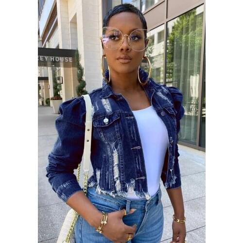 S-XXXL Womens Distressed Puff Sleeve Lapel Button Crop Denim Trucker Jacket Coats