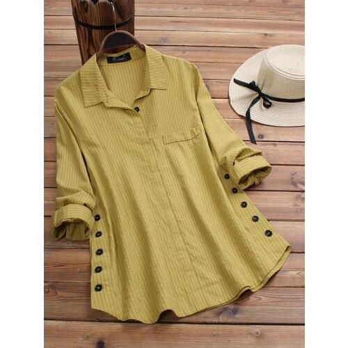 2019 autumn new ladies solid color buttons cotton and linen fake pockets striped long-sleeved long tops T-shirts shirts
