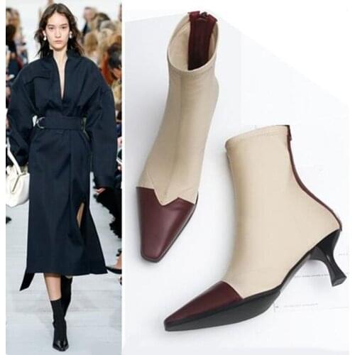 2019 Spring Autumn Woman Square Toe Patchwork Ankle Boots Mixed Colors Back Zip Casual Strech Sock Boots Classic Thin Heel Shoes