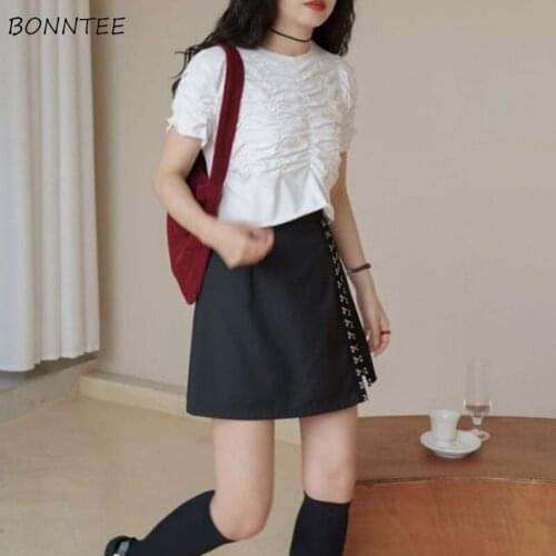 T-shirts Women Solid Ruched Crop Tops Design Kawaii Leisure Retro Short Sleeve Pleated Vintage Tees Girls All-match Korean Chic