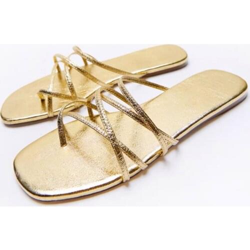 ZAR 2021 Summer New Fashion Golden Square Toe Flat Pinch Sexy Outer Wear Sandals And Slippers Women Beach Luxury Brand Plus Size