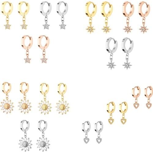 New Crystal Flower Leaf Pendant Earrings Stainless steel for Women Girls Geometric Copper Charms Stud Ear Jewelry Gifts