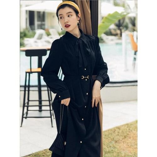 SWEETXUE Spring 2021 New Womens French Fashion Retro Black Shirt Dress Puff Sleeve Elegant Party Vestido de mujer