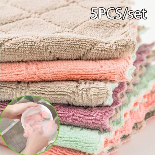 5PCS/set Double-layer Absorbent Microfiber Kitchen Dish Cloth Non-stick Oil Household Cleaning Wiping Towel Kichen Tool