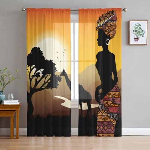 African Woman Giraffe Silhouettes Tulle Sheer Window Curtains for Living Room Kitchen Children Bedroom Voile Hanging Curtain