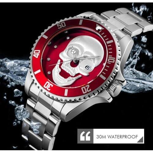 SKMEI Mens Quartz Skull Watch Men Stainless Steel Skeleton Creative Watches Male Clock Waterproof Wristwatch Relogio Masculino