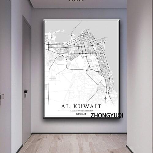 Black and White World City Map AL KUWAIT Wall Art Canvas Poster Prints Nordic Style Paintings Picture for Living Room