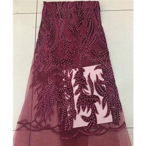 Black African Lace Embroidery stone Fabric Flowers For Wedding Dresses,Velvet Nigerian Embroidered Tulle Fabric With Wine red