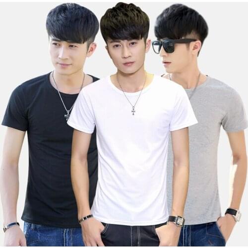 Summer new pure white mens round neck short sleeve T-shirt cotton solid color short sleeve fashion bottom coat