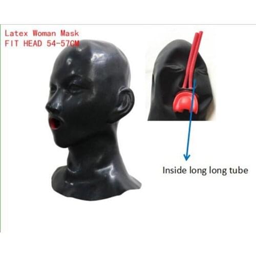 Hot 3D latex human hood mask closed eyes fetish hood with red mouth sheath tongue nose tube