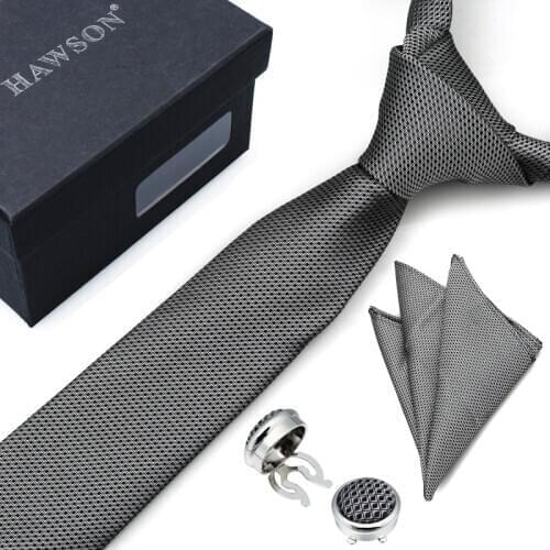 HAWSON Dim Gray Necktie Set with Button Cover Cufflinks & Pocket Square and Tie Clip in Gift Box for Business Meeting