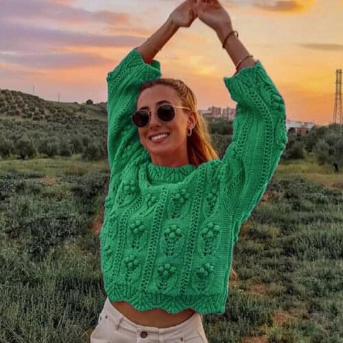 Korean Fashion Green Knitted Hollow Out Sweater Women 2021 Vintage Casual Winter Jumper Ball Tops Pullovers Fall Women Clothing
