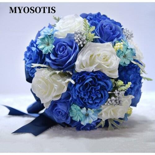 Royal Blue White Bridal Bouquet Round Peony Rose Satin Ribbon Wedding Flowers Artificial Handmade Elegant Bride Holder Bouquet
