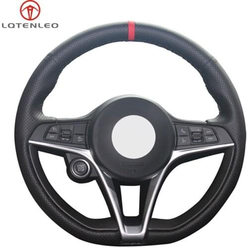 LQTENLEO Black Genuine Leather DIY Hand-stitched Car Steering Wheel Cover For Alfa Romeo Giulia 2016 2017 2018 Stelvio 2017