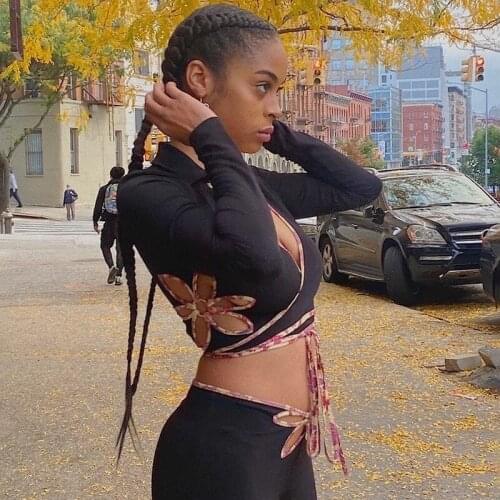 Fashion Hollow Out Flowers Skinny Two Piece Sets Casual Lounge Wear Long Sleeve Autumn Black Sportwear Female Elegant Suits