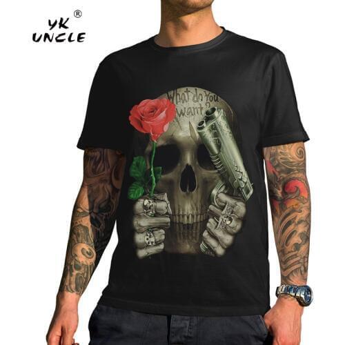 YK UNCLE Brand New Men Black T-Shirt Cotton Rose & Skull Print Heavy Metal Rock Hip Hop T shirt Black Short Sleeve Tee Shirt