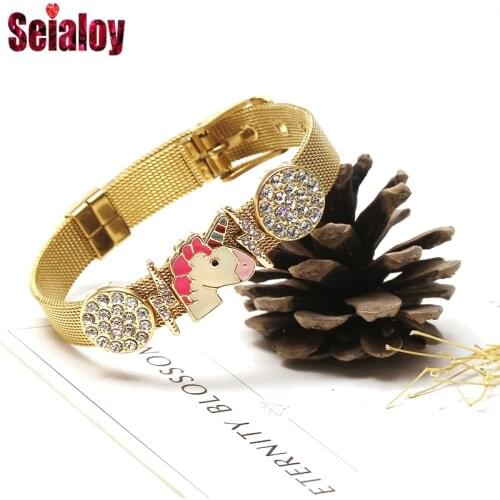 Golden Stainless Steel Mesh Bracelets For Men Original Round Crystal Beads Shiny Thunderbolt Unicorn Charm Watch Belt Bangle