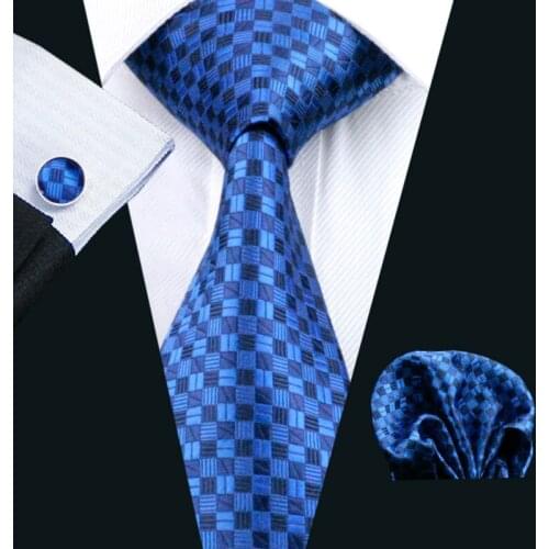LS-561 Men`s Tie 100% Silk Blue Plaid Jacquard Woven Tie + Hanky + Cufflinks Sets For Men Wedding Business Party Free Postage
