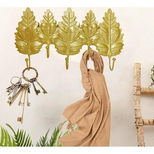 1PC Metal Leaf Wall Mounted Self-adhesive 5-Hook Key Coat Hat Hanger Rack Organizer Door Ornament Decoration