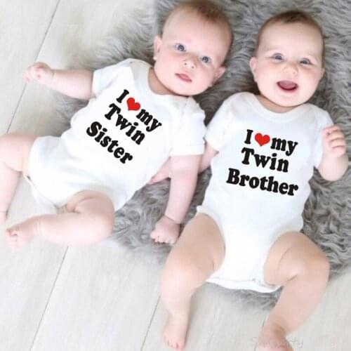 New Casual Newborn Baby Boys Girls Short Sleeve Letter Print I Love My Twin Brother Sister Cotton Romper Baby Clothes 0-24M