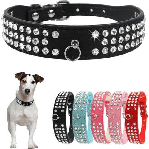 3 Rows Rhinestone Dog Collar Suede Leather Bling Crystal Cat Puppy Collars Pet Products 5 Colors For Small Medium Dogs Walking
