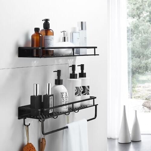 Black Frame Bathroom Shelf with Towel Bar Space Aluminum Corner Shelf Towel Rack with Hook Shampoo Holder Kitchen Storage Rack