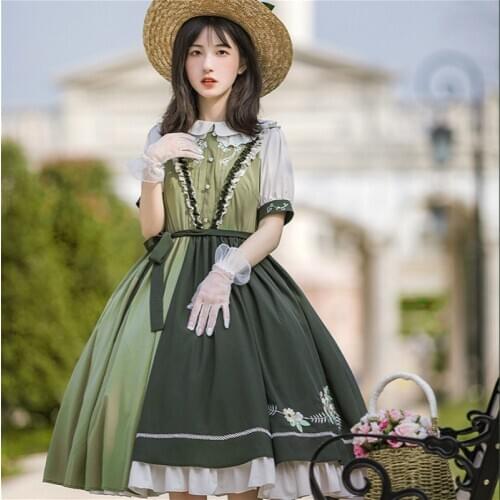 Luxury Lolita Embroidery Dress Retro Elegant Sweet Female Girl Loli Dress Op Patchwork Peter Pan Collar Short Sleeve Lolita Girl