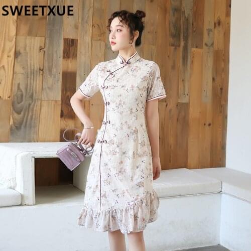 SWEETXUE 2021 Summer Chinese Ctyle Cheongsam Dress French Glitter Craft Lace Girl Slim Temperament Dress Vestidos Robe Femme