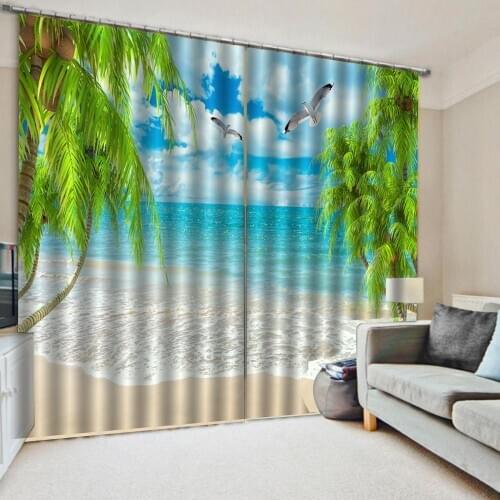 High quality custom 3d curtain fabric Beautiful Photo Fashion Customized 3D Curtains blue beach curtains