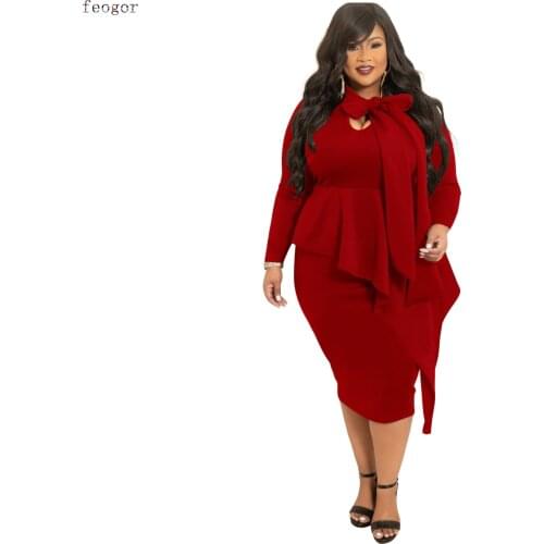 Womens Clothing Plus Size Dresses 2021 Autumn Winter New Bowknot Dress Female Urban Commuter Casual Fashion Long Sleeve Dress