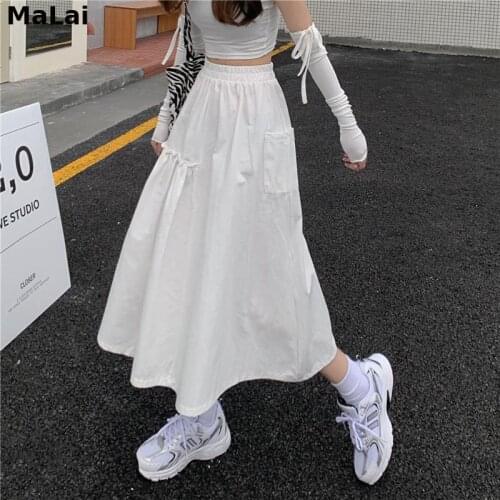 Womens Skirt Korean Folds Pocket Harajuku Solid Color A-Line High Waist Elastic Long Skirts Preppy Style Loose 2021 Spring News