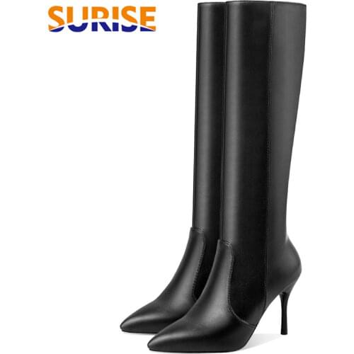 Big Size Women Knee High Boots Black White PU Thin Stiletto Heel Sexy Club Party Office Lady Pointed Toe Plush Zipper Long Boots