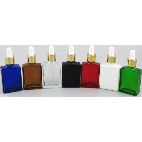 200 x 30ml Square Flat 1oz white Black Clear Blue Glass E liquid Container With Gold Drop 30cc Drop Containers
