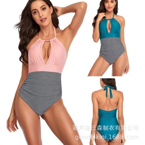 2021 European and American new one-piece swimming suit womens sexy deep V solid color stitching cross border bikini