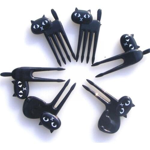 6pcs/Set Mini Cat Food Fork Fruit Picks Cute Black Decor Accessory Bento Children Fork Box Lunch Set Cat Fork Fruit Q5F9