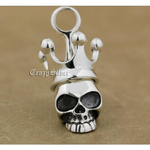925 Sterling Silver Crown Skull Pendant Mens Biker Rock Punk Pendant 9S009