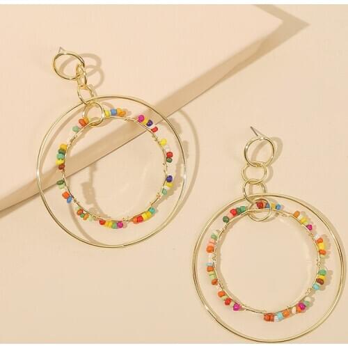 Bohemian Multicolor Beaded Handmade Drop Earrings For Women Simple Fashion Gold Metal Round Circle Big Dangle Earring Jewelry