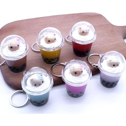 Cute Simulated Solid Cartoon Pearl Milk Cup Keychain Pendant Bag Decor Gift