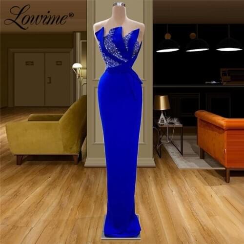 Royal Blue Strapless Long Party Dress Handmade Beaded Crystals Formal Women Evening Gown 2020 Turkish Celebrity Prom Dresses