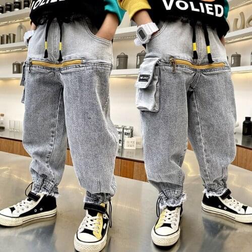Big Boys Jeans Patchwork Pocket Cargo Pants Casual Zip Decoration Elastic Foot jeans for 4 6 7 8 10 11 12 Year Boys Kids Clothes