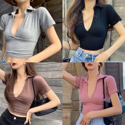 New Sexy Woman Girls T-shirt Solid Color Short Sleeve Deep V-neck Turn Down Collar Slim Underwear Tee Shirt Women Clothes