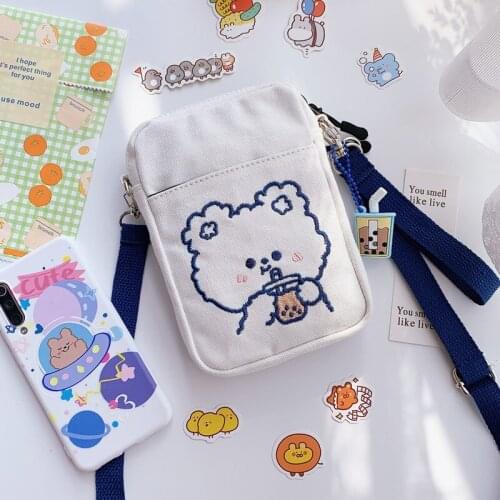 Ins Cartoon Cute Mobile Phone Bag Girl Messenger Mini Bag Student Canvas Shoulder Vertical Coin Purse Clutch Bag Coin Purse