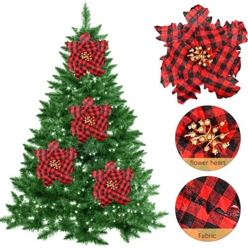 Artificial Christmas Plaid Flower Ornaments, Rustic Burlap Poinsettia Lattice Cloth Flowers-for Christmas Tree Wreaths Garlands