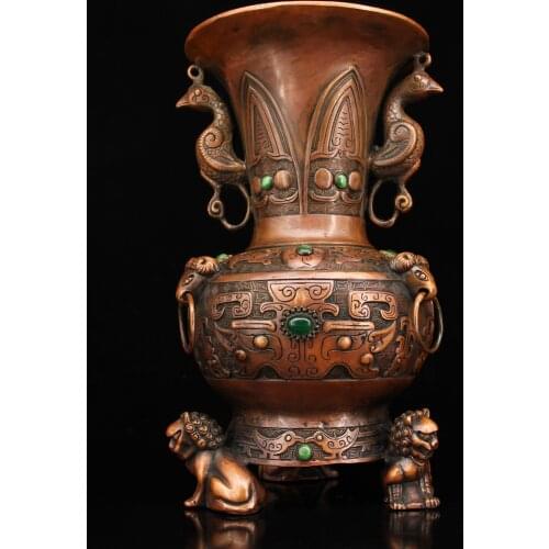 11"Chinese temple collection Old Bronze mosaic Gem Lion statue incense burner vase Sheep head Peacock statue Town House Exorcism