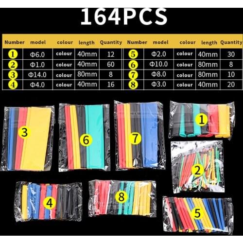 127/164Pcs 2:1 Heat Shrink Tube Kit Shrinking Assorted Polyolefin Insulation Sleeving Heat Shrink Tubing Wire Cable 8 Sizes