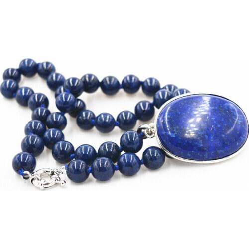 Beautiful 10MM blue Lapis Lazuli Beads & 30x40mm Pendant Necklace 18 "
