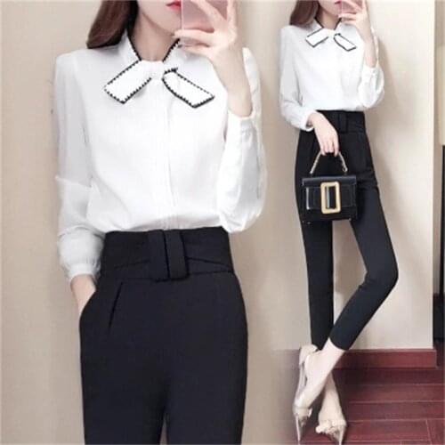 Fashion suit 2018 spring and summer New womens Korean long-sleeved shirt + high waist nine pants two-piece
