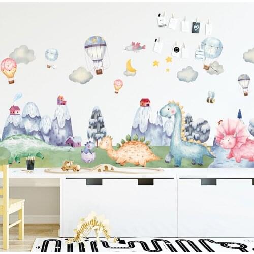 Cartoon Watercolor Dinosaur Animals Wall Decals for Kids Room DIY Hot Air Balloons Wall Stickers Baby Bedroom Home Decoration