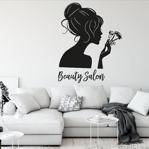 Beauty Salon Wall Decal Makeup Tools Beautiful Girl Silhouette Door Window Vinyl Stickers Fashion Girls Room Interior Decor Q989