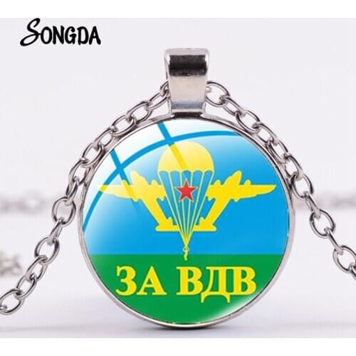 New Russian Airborne Air Force Necklace CCCP Soviet Military Sign Glass Cabochon Pendant Metal Link Chain Necklace for Men Women